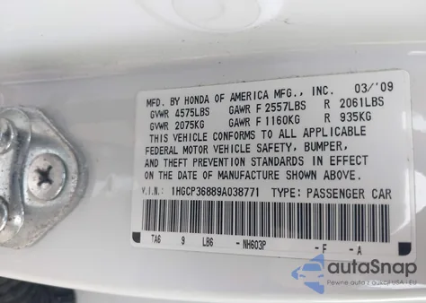 2009 Honda Accord 3.5 Ex-L z USA, uszkodzony, nr VIN 1HGCP36889A038771